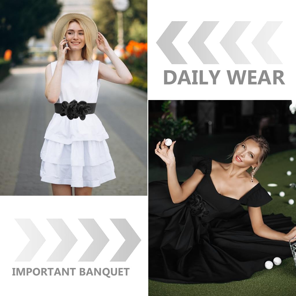 ZIBUYU Stretch Wide Waist Belt for Dresses with Snap Closure and Chiffon Flowers | Adjustable 65–86 cm Black Elastic Design