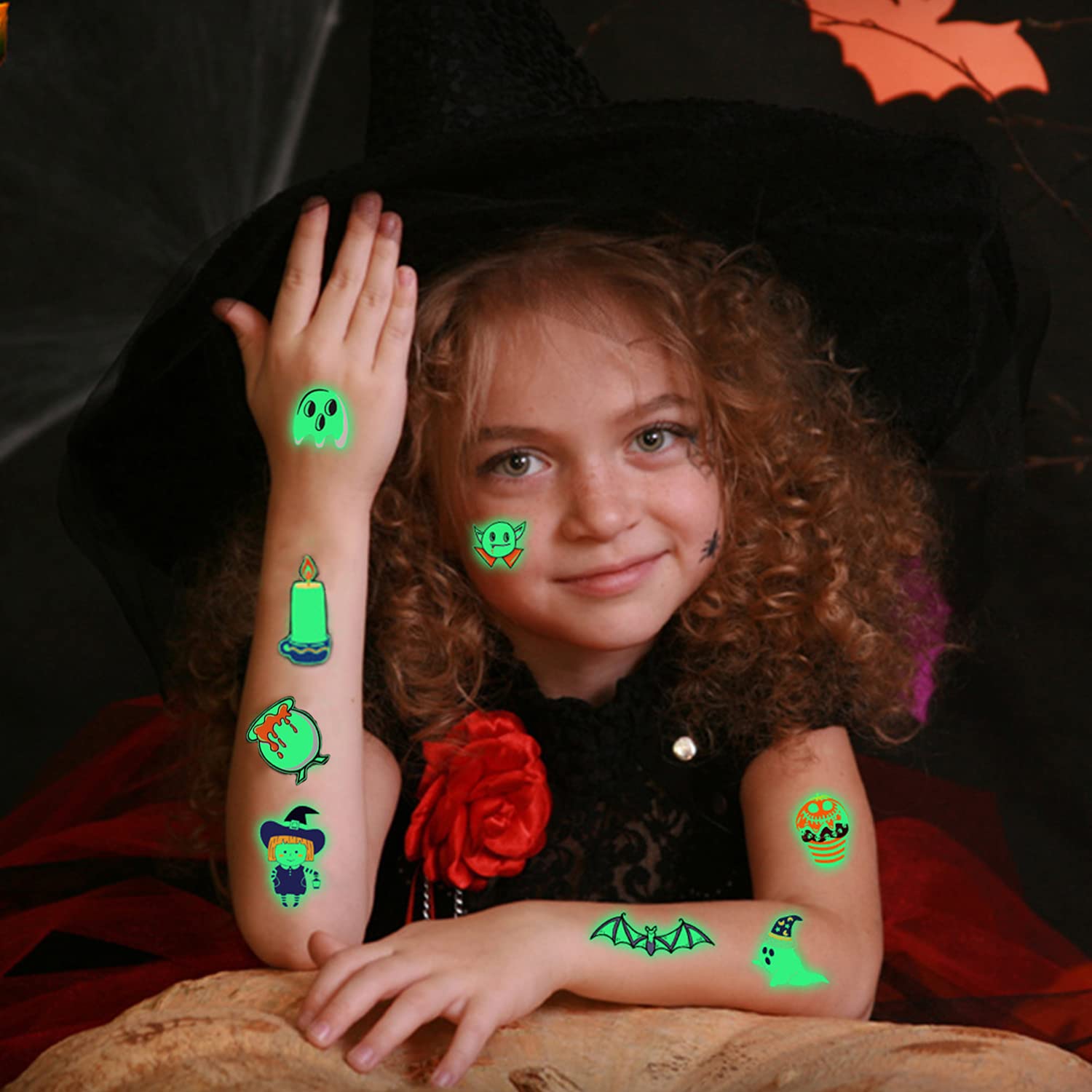 HASTHIP Temporary Tattoo Stickers for Halloween Party with Night Glow Effect | 10 Sheets