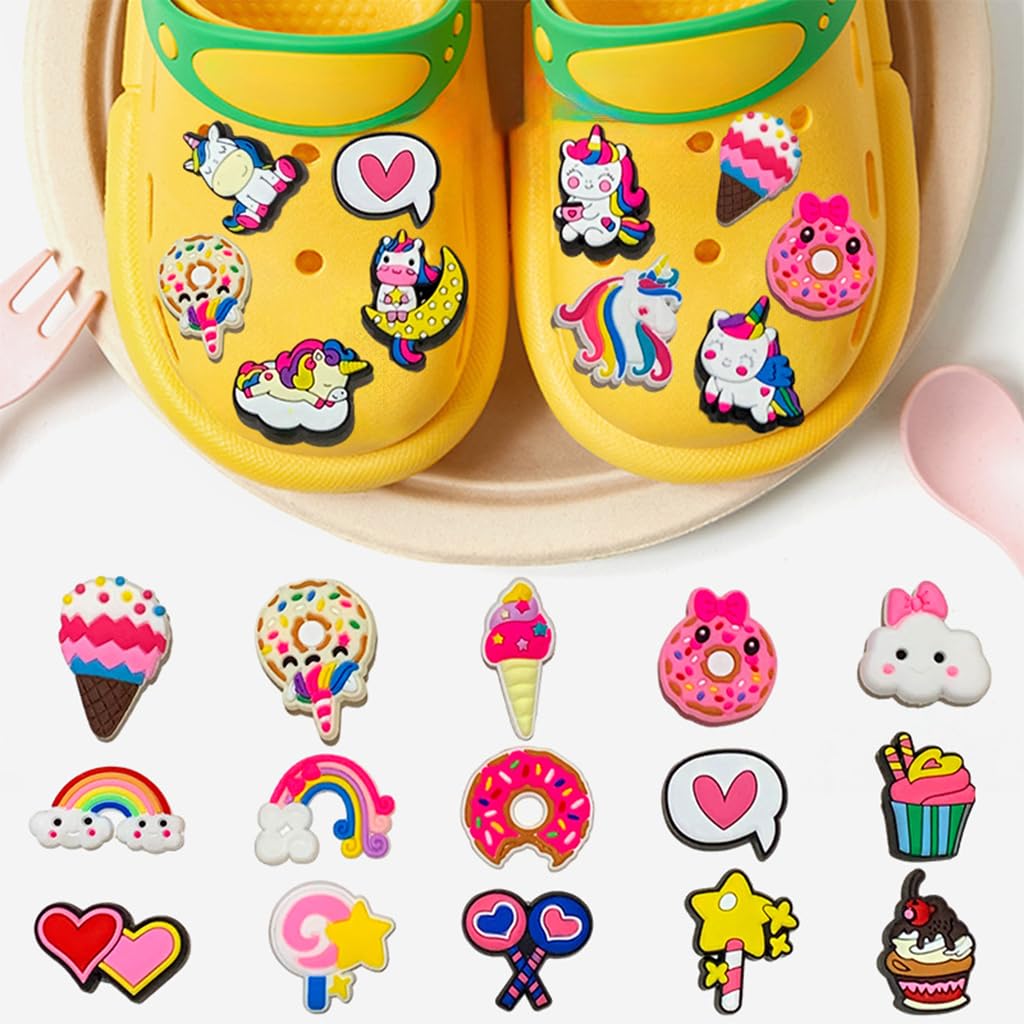 HASTHIP® 25pcs Clog Slippers Charms, Pink Shoe Decoration Charms for Clog Sandals, Cute Unicorn Rainbow Shoe Accessories Charms for Girls Women Party Gifts and Holiday