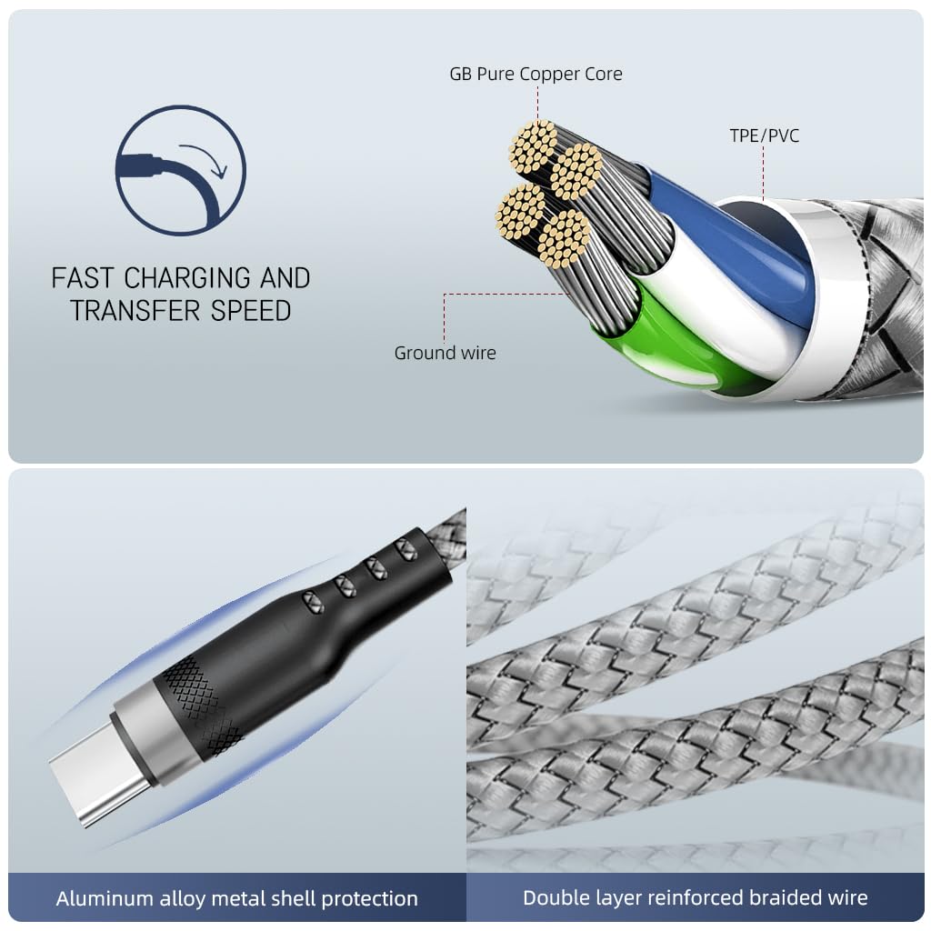 Verilux Type C Cable for Phone and Tablet featuring 8m 26ft Length and 10W Charging | 2PCS Grey