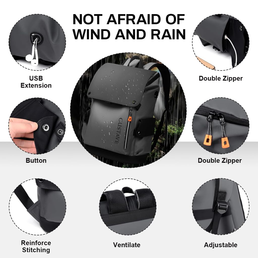 GUSTAVE Leather Backpack for Men with USB & Earphone Ports 15.6 Inch Waterproof Laptop Bag | Dark Gray Business and College Use