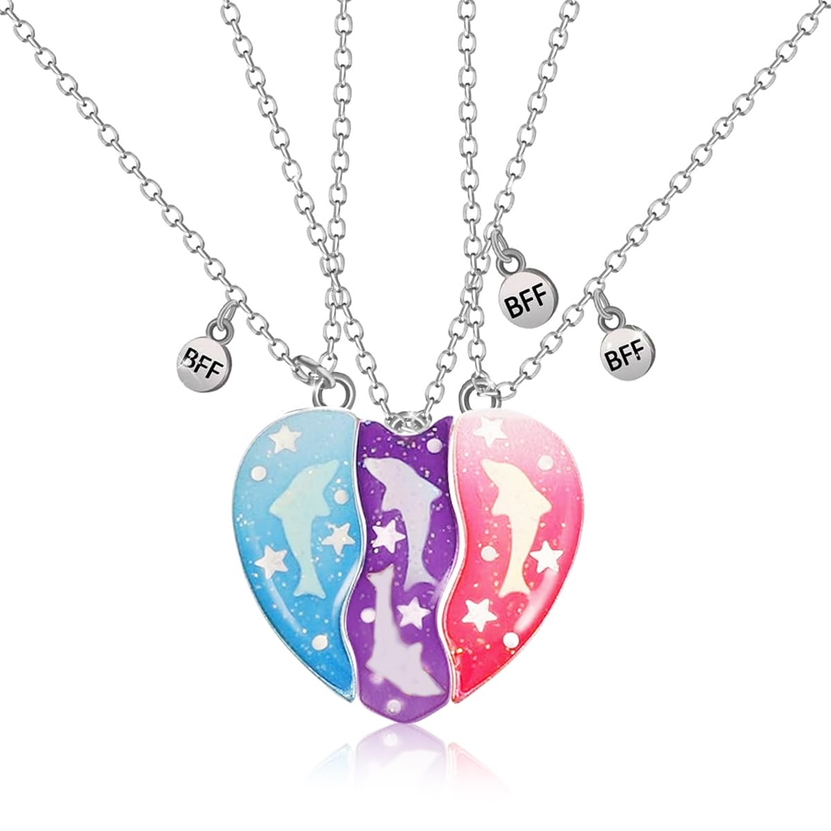 ZIBUYU Friendship Necklace Set of 3Pcs Colorful Dolphins Enamel Cute Heart Charm BFF Necklace Metal Necklace for Girls Siblings Friendship Necklaces Birthday Gift for Kids Girls