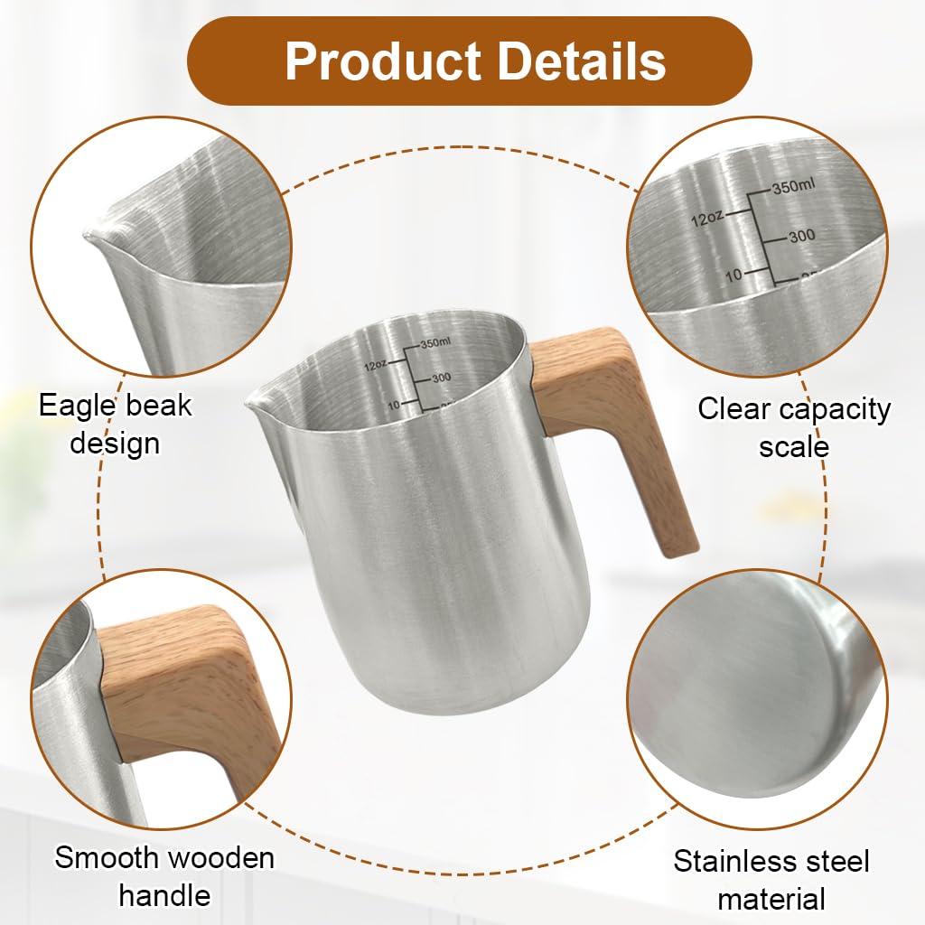 Supvox Milk Frothing Pitcher 350ml with Latte Art Pen featuring V Shape Nozzle & Wood Handle | Stainless Steel Coffee Jug for Barista