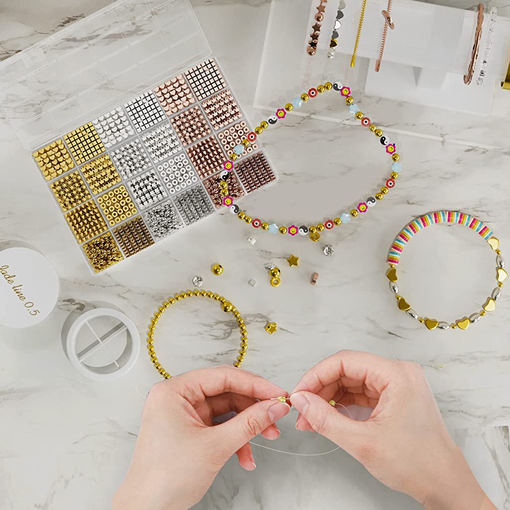 SANNIDHI 1740pcs Beads for Jewellery Making Assorted Beads for Craft Spacer Beads Kit for DIY Beaded Bracelet, Necklace, Curtain - 8 Style, 3 Color String Beads Set (Gold/Sliver/Rose Gold)