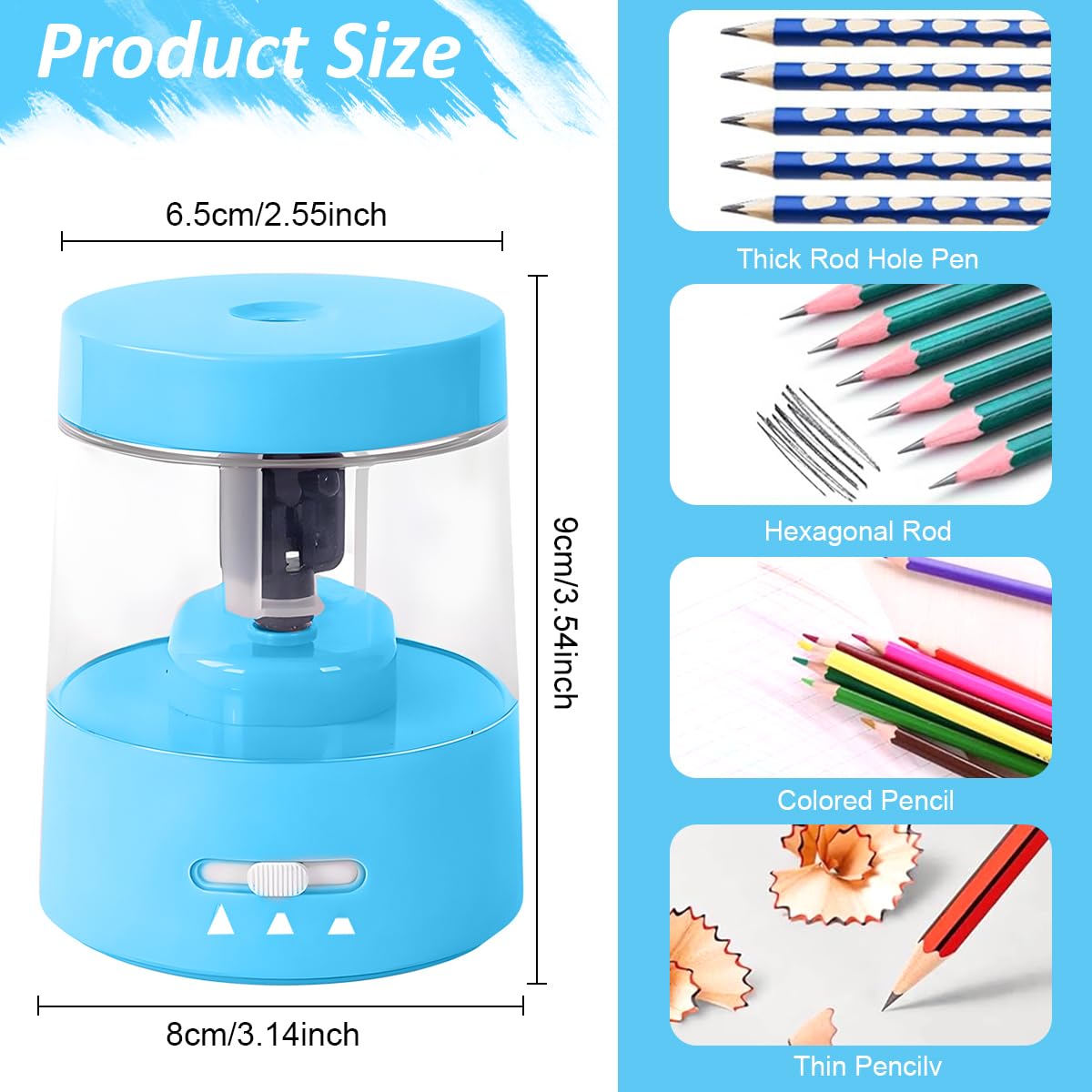 HASTHIP® USB Pencil Sharpener with 3 Modes Art Color Pencil Sharpener with Transparent Scrapings Bin Design School Office Pencil Sharpener Universal USB Pencil Sharpener for 6-8mm Pencil Diameters