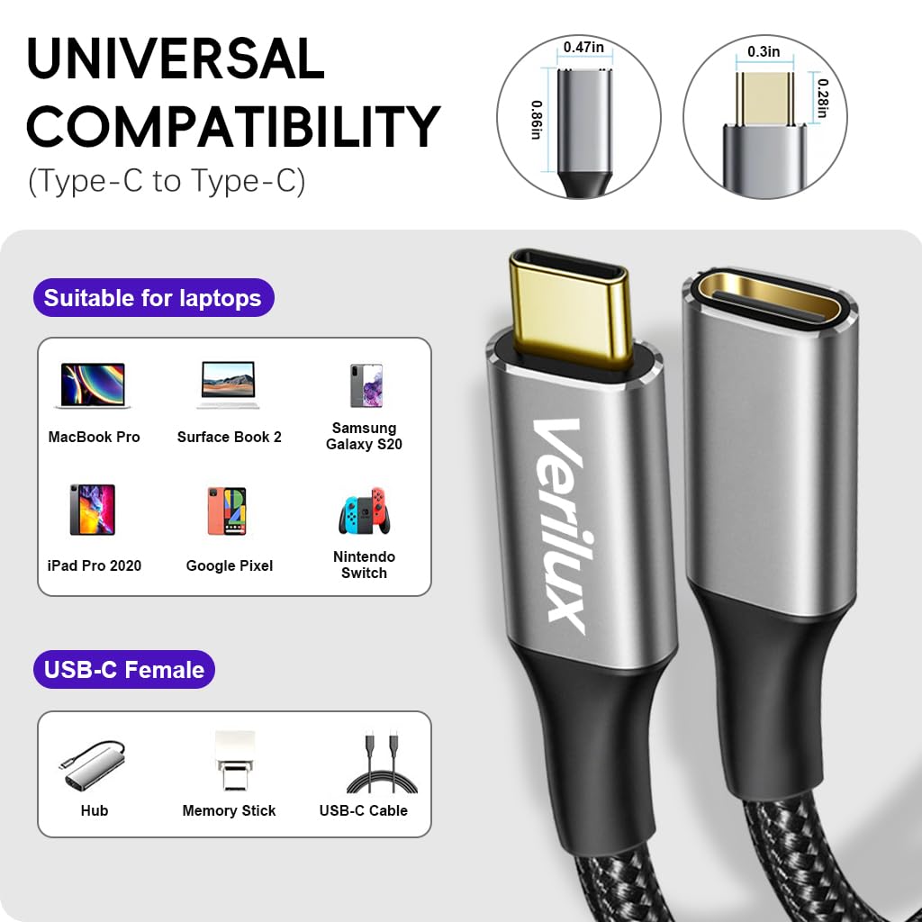 Verilux USB C Extension Cable 9.8 ft with 100W PD Fast Charging and 10Gbps Transfer | 4K Output