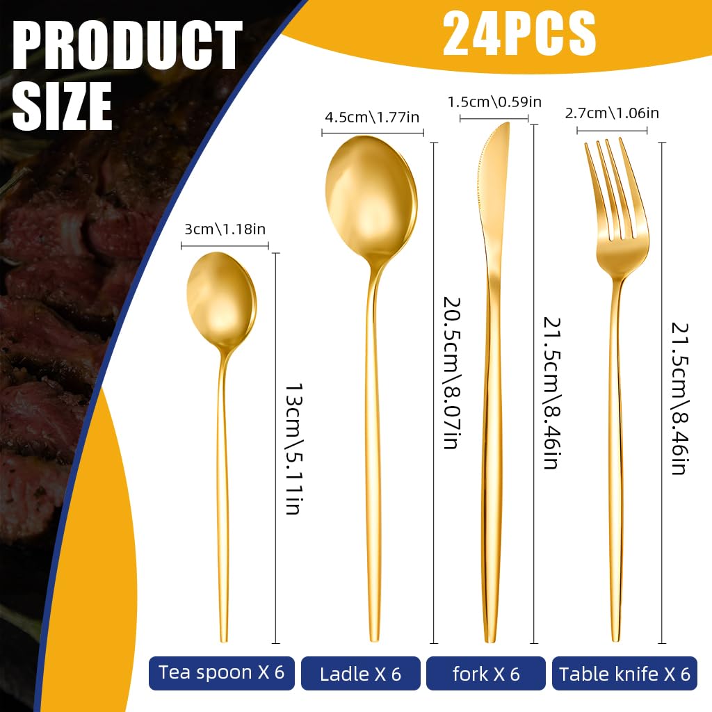 Supvox Gold Silverware Flatware Set for 6 with 24 Pieces and Ergonomic Handles | Stainless Steel Tableware for Home and Restaurant
