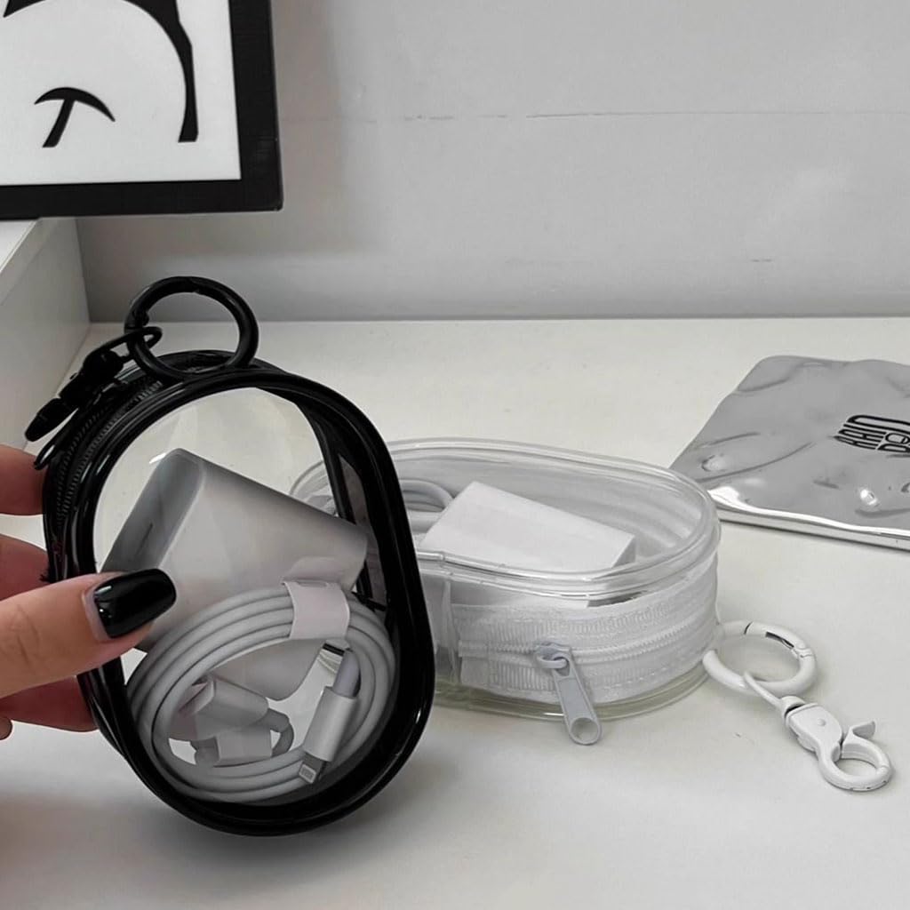 ZIBUYU Cable Organiser Transparent Pouch for Travel featuring Metal Clasp and Zipper | Waterproof PVC Bag for Chargers and Earphones
