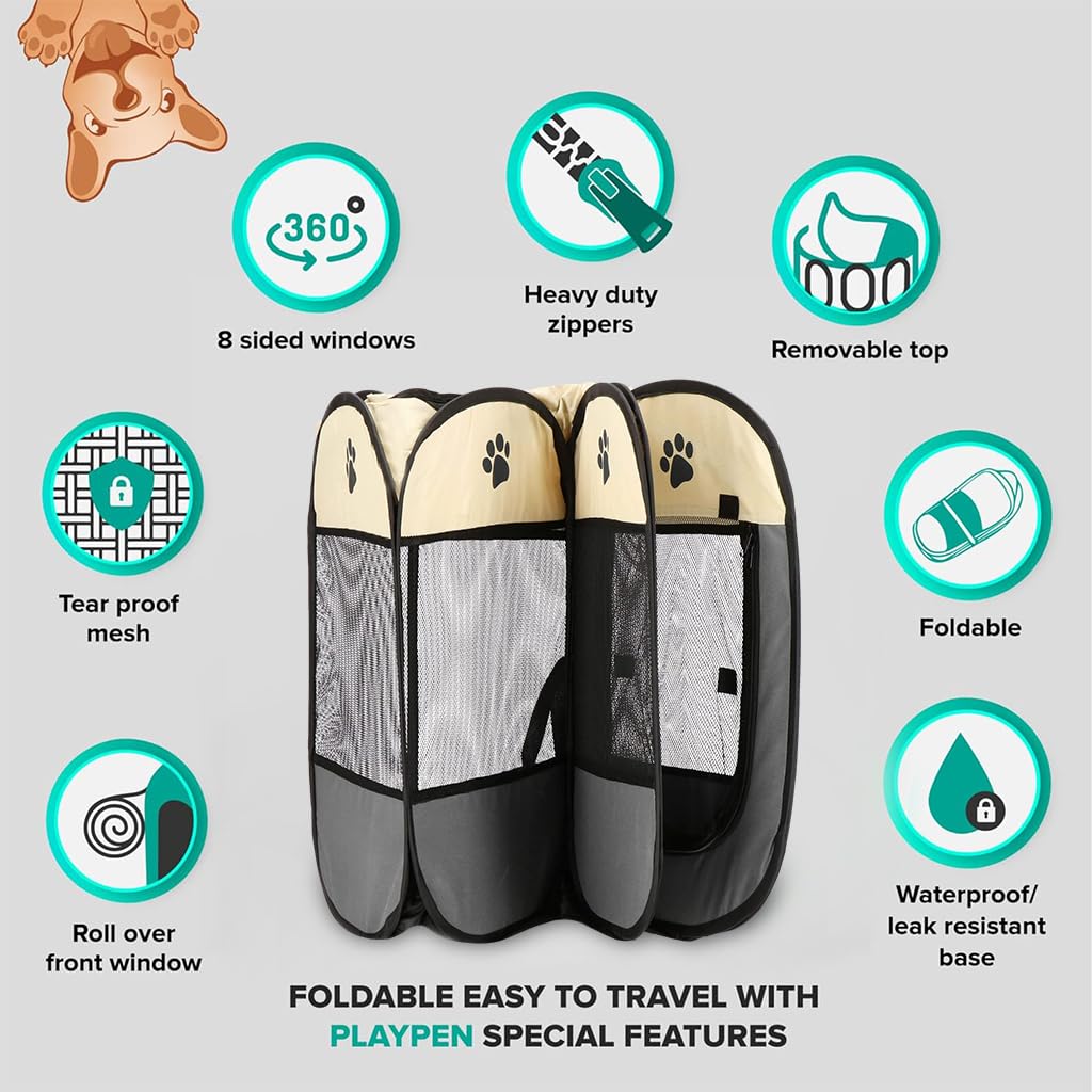 Qpets Foldable Pet Playpen for Cats and Dogs with Mesh Windows and Zipper Door 28.7x28.7x16.9 in