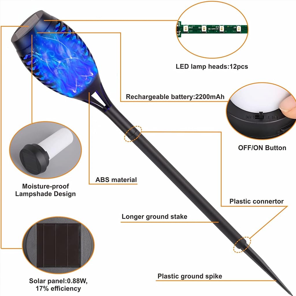 Qpets Solar LED Garden Lights for Outdoor Decor with Flickering Flame Effect | 4pcs Blue IP65 Waterproof Lamps
