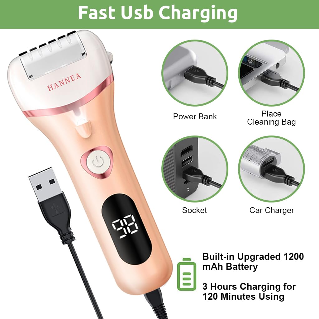 HANNEA Electric Callus Remover for Feet with 3 Rollers and LED Light | 2 Speed Rechargeable Foot Scrubber