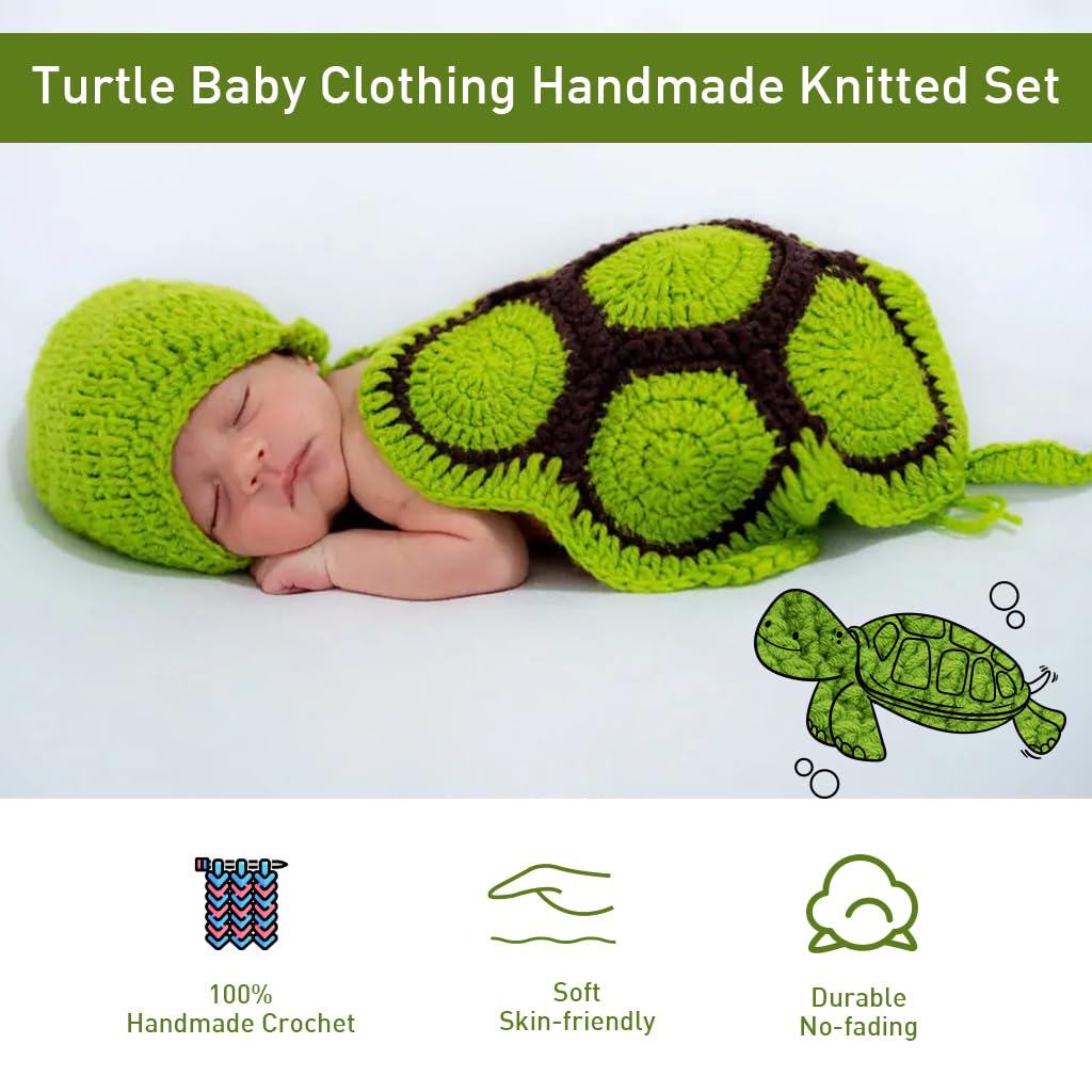 SNOWIE SOFT Newborn Photography Outfit for Baby featuring Handmade Green Turtle Crochet Costume