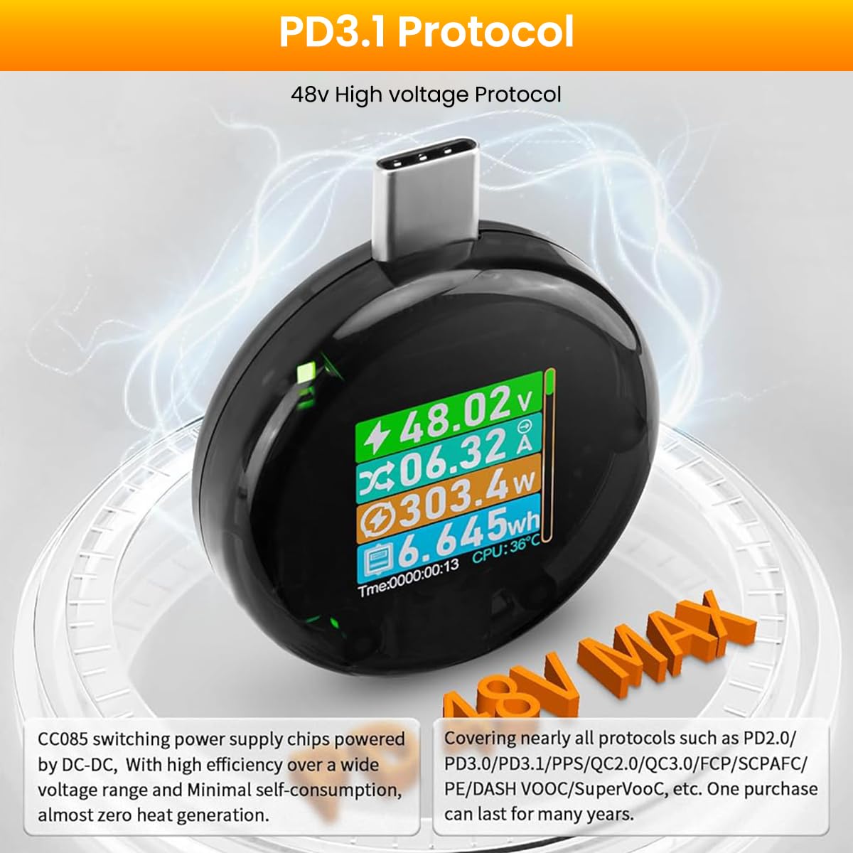 Serplex USB C Power Meter for Phones and Laptops featuring LCD Display and 4.5–50V 0–6A Range