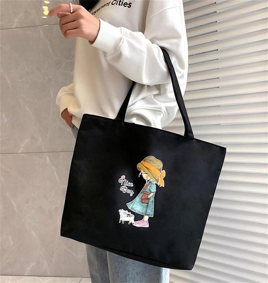Zibuyu Aesthetic Canvas Tote Bag for Women with Foldable Design and Black Graphic Print | Eco-Friendly Reusable Cotton Shopping Bag