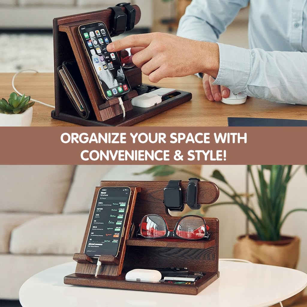 Climberty® Wooden Desk Organizer With Phone Stand - Multifunctional Organizer for Stationery, Watches, and Eyewear, Ideal for Home & Office Use, Space-Saving (10x6x7.3 Inches)