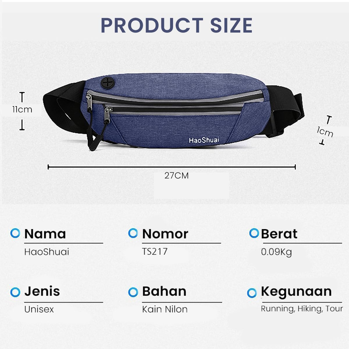 GUSTAVE® Waist Bag for Men Women Sweatproof Side Bag Chest Bag, Outdoor Waist Pouch Fanny Pack with Adjustable Belt, Earphone Cable Hole Design for Outdoor Hiking, Running, Travel, Black, Blue