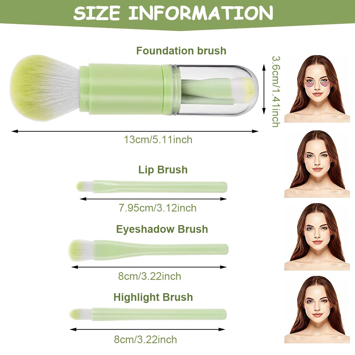MAYCREATE Makeup Brush Kit for Travel with 4 in1 Retractable Design and ABS Handle | Green