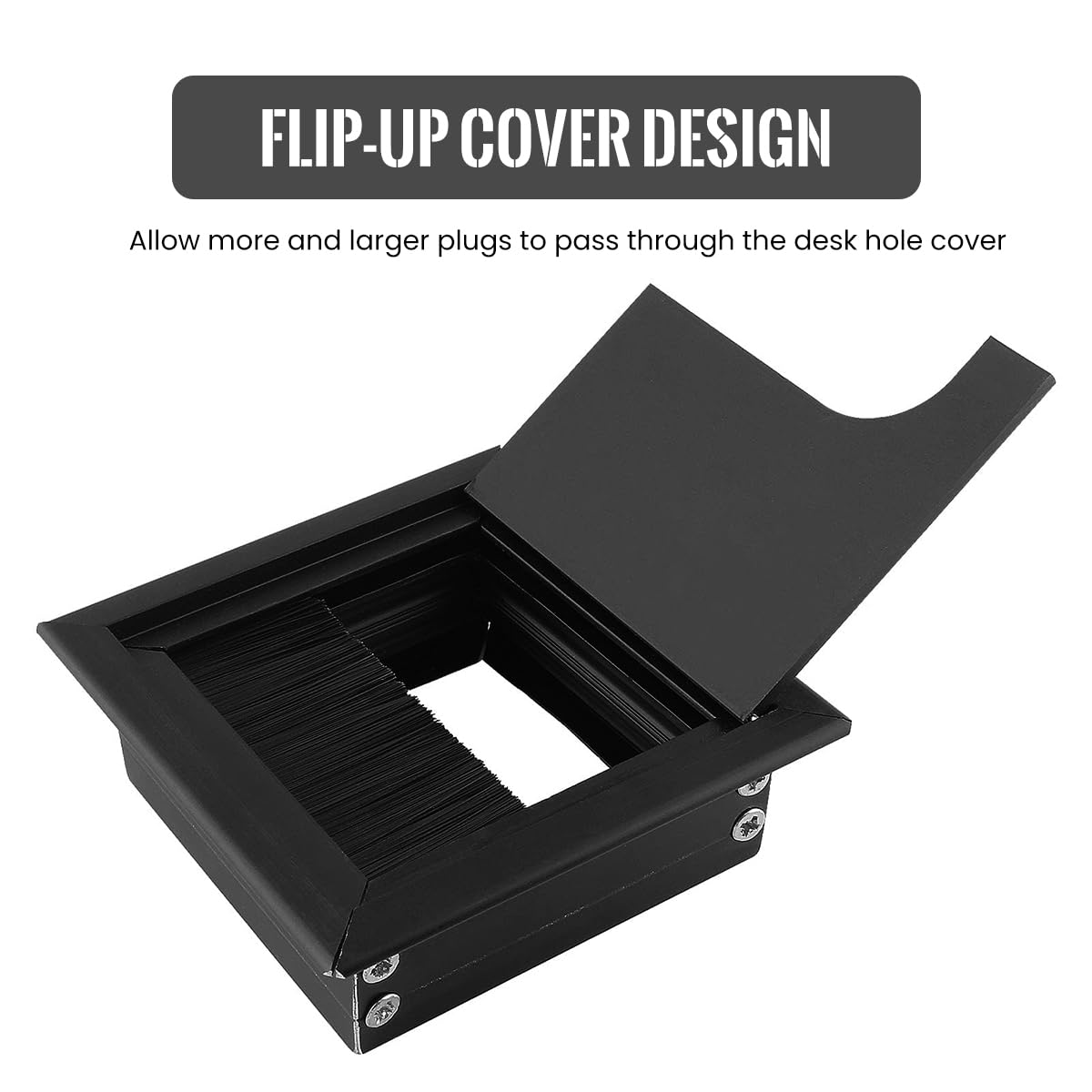 HASTHIP Desk Hole Cap 80x80mm for Office Cable Management with Flip Lid Brush | Black Aluminium 2PCS