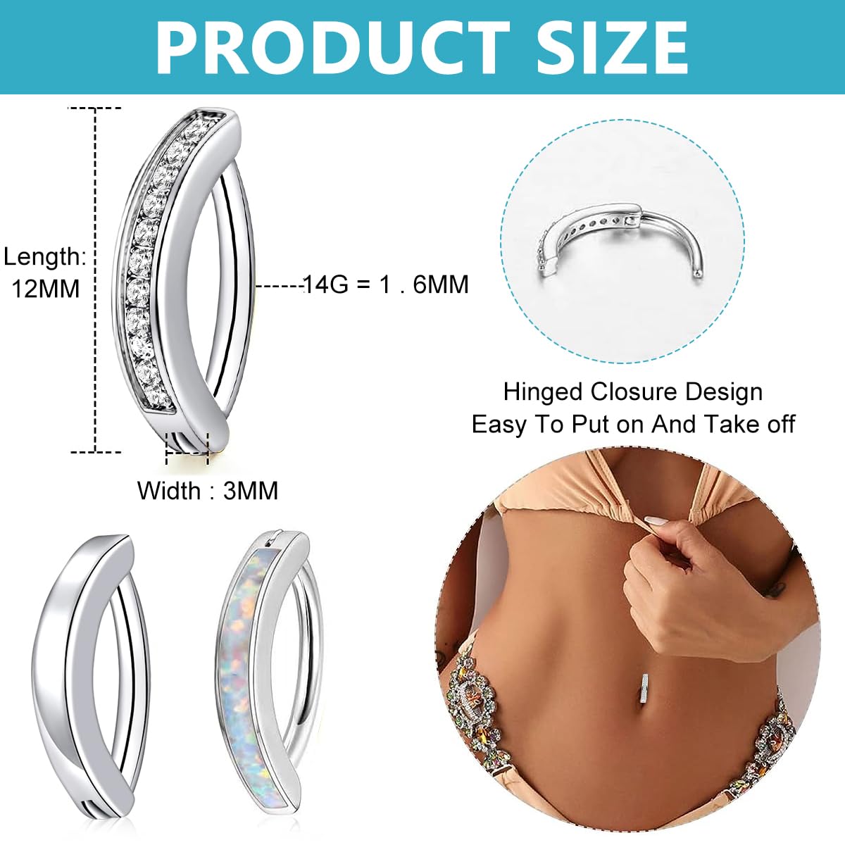 Venzina Belly Button Rings 3 Pack for Women with 14G 10mm Bar Featuring Hinged Closure | 316L Stainless Steel and Cubic Zirconia