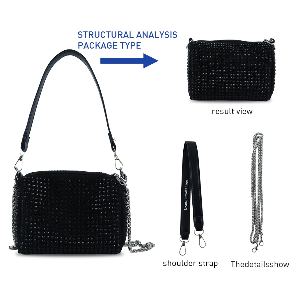 ZIBUYU® Women Evening Bag Shoulder Bag Small Shoulder Bag Chain Bag Soft Handbag Black Diamond-Embellished Shoulder Bag Daily Bag Evening Bag with Metal Chain Strap