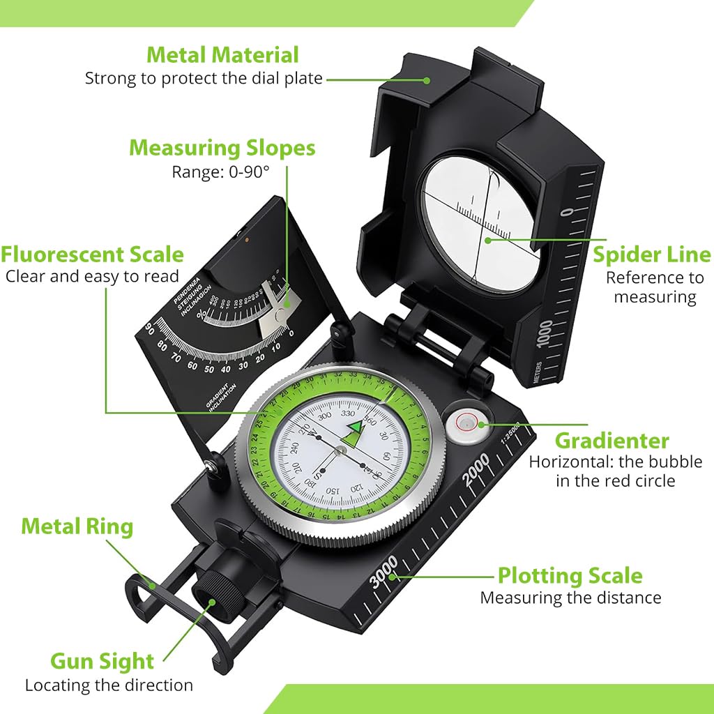 Proberos Compass for Camping and Hiking with Sighting Telescope featuring Glow Dial | Metal Outdoor Navigation Tool