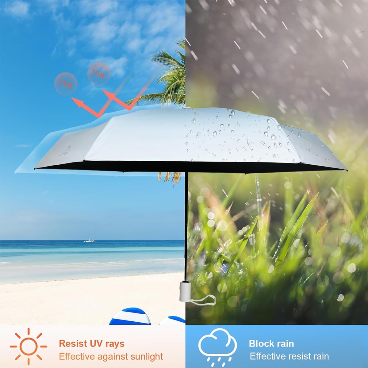 PALAY Automatic Folding UV Umbrella for Travel with 8 Fiber Ribs and UPF 50 Protection | Azure Blue 2PCS