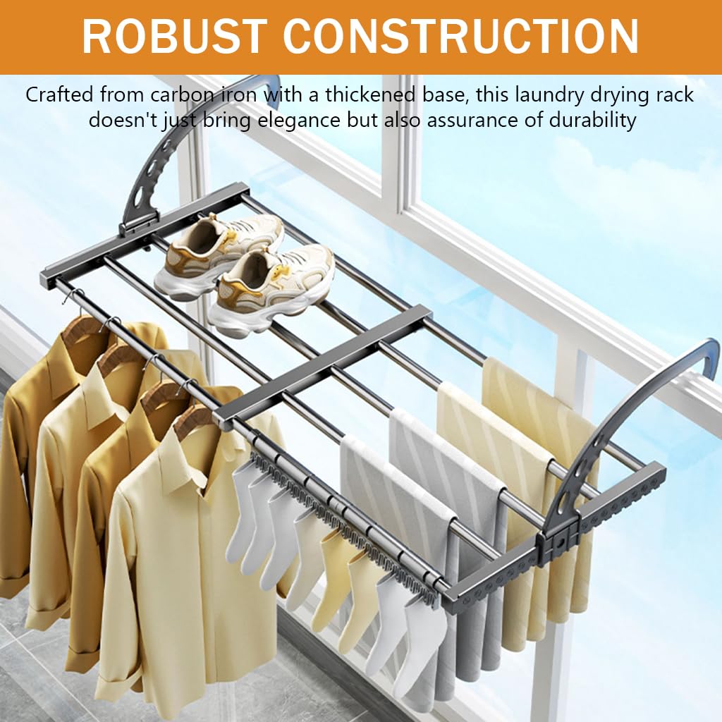 HASTHIP Retractable Cloth Drying Stand for Balcony and Bathroom with 38–55cm Adjustable Design featuring Carbon Steel Construction | Space Saving Laundry Rack