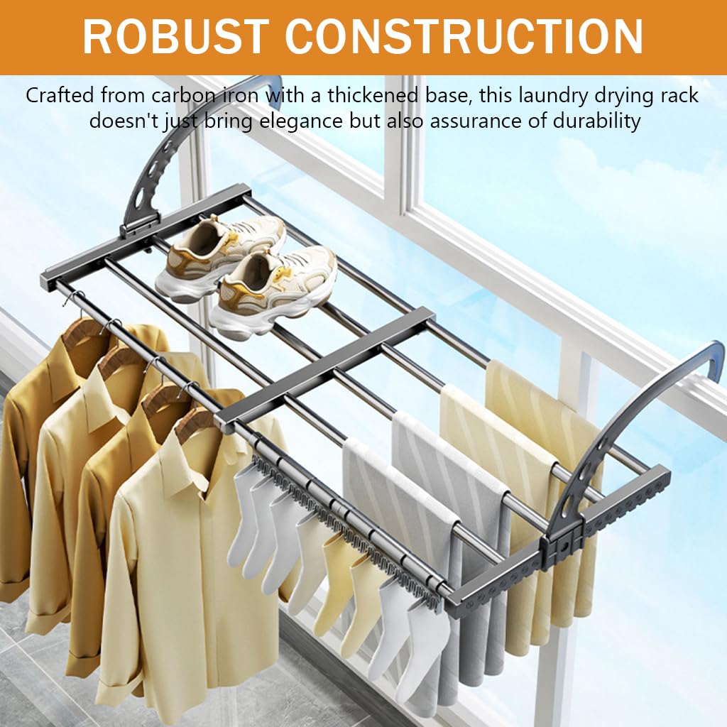 HASTHIP® Retractable Cloth Drying Stand - Versatile Carbon Steel Laundry Hanger, Adjustable 38-55cm, Clothes Towels Drying Rack Shoe Rack Hanging on The Door Bathroom Windowsill Guardrail Balcony