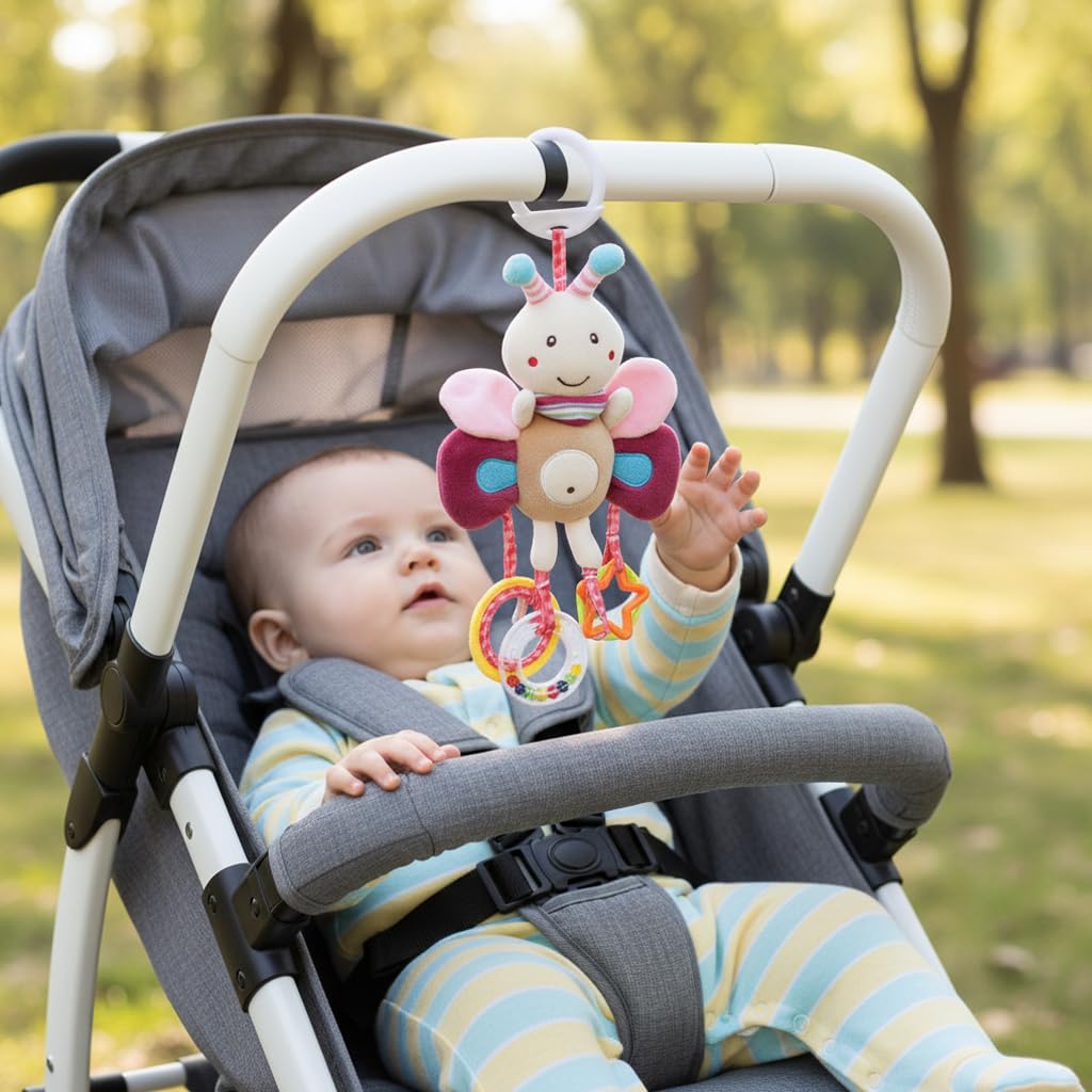 SNOWIE SOFT Baby Hanging Plush Crib Toy with Mirror and Rattles for Infant Sensory Play