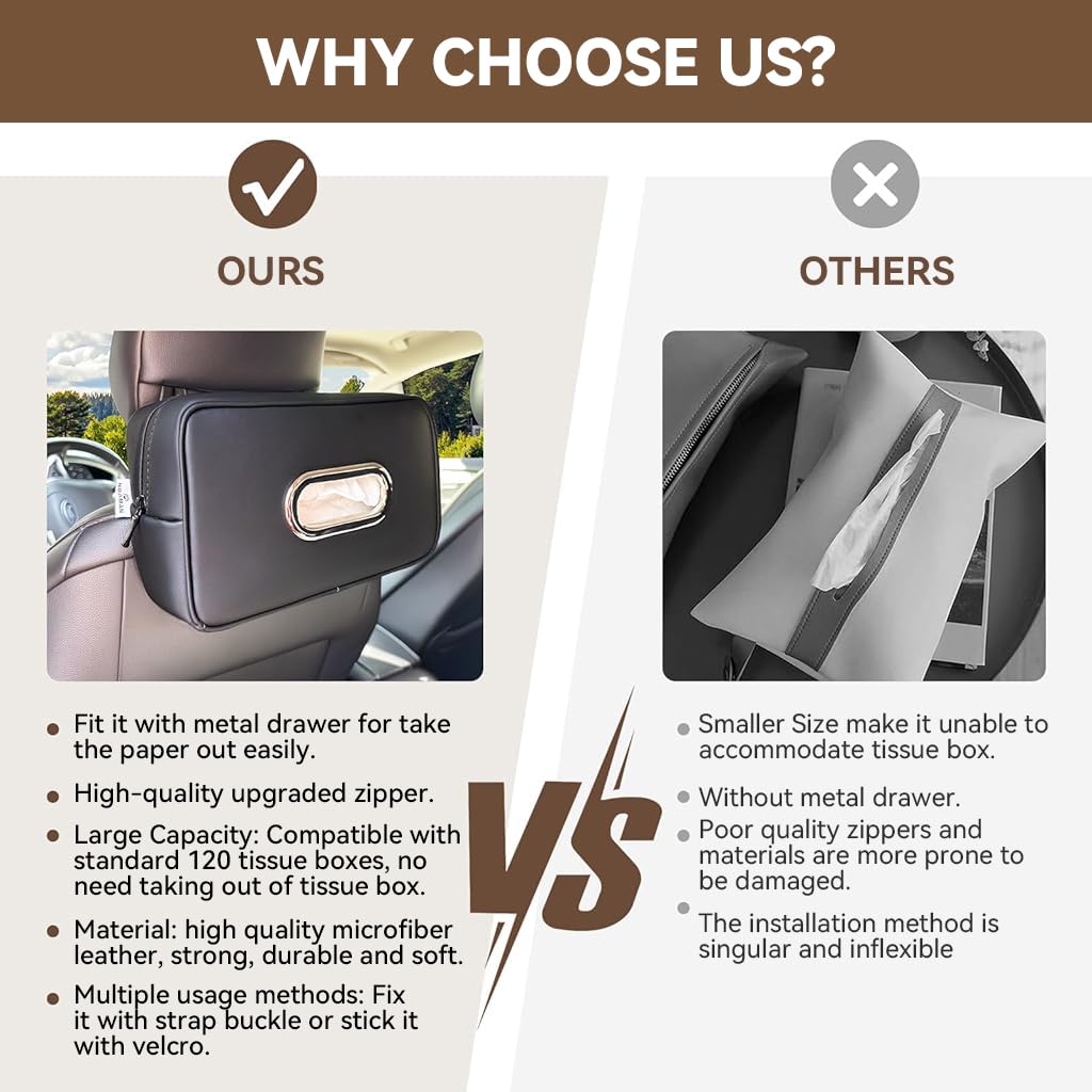STHIRA Car Tissue Holder for Headrest with Zip-Up Design and Hook Strap 19x13x6cm Black