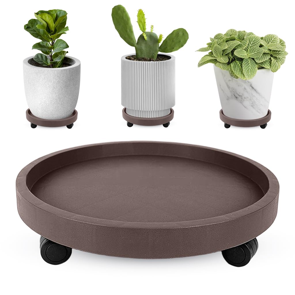 HASTHIP Plant Pot Stand for Indoor and Outdoor Use with 4 Wheels and 8.6 in Tray | Resin Brown
