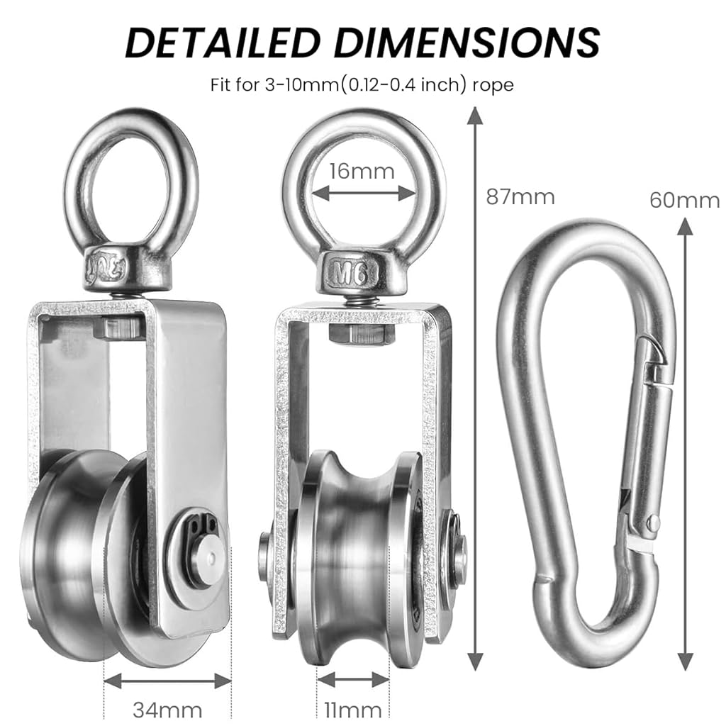 Serplex® Cable Pulley Wheel 304 Stainless Steel Hoisting Smooth Bearing with Loop 551lbs High Loading Capacity for Lifting Mechanism DIY Crafts 3PCS