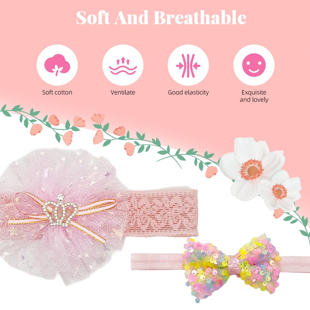 ZIBUYU Baby Girl Hairband Set for Newborn Photography with Lace Bows and Floral Designs | 3pcs Elastic Headbands