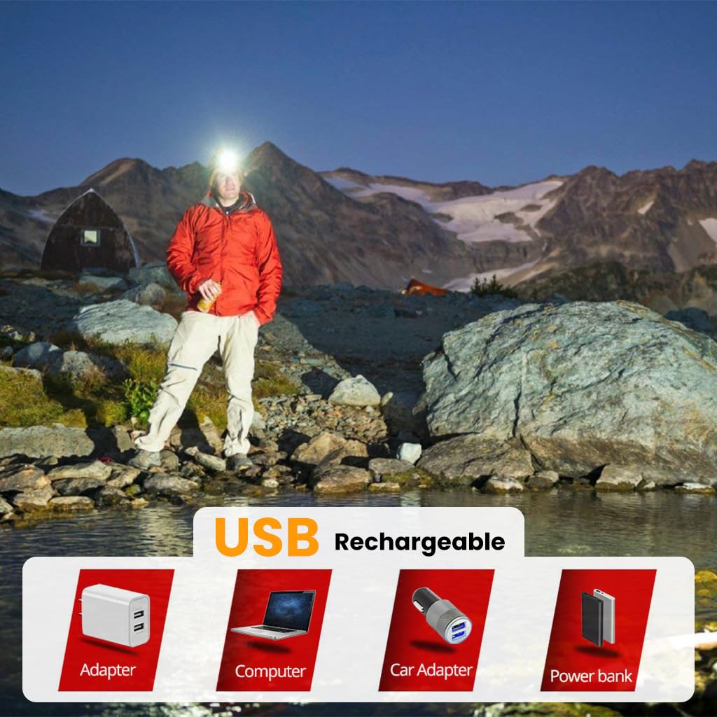 PROBEROS LED Headlamp for Camping and Hiking with Motion Sensor and Red Flash Warning | IPX5 Waterproof Rechargeable Light