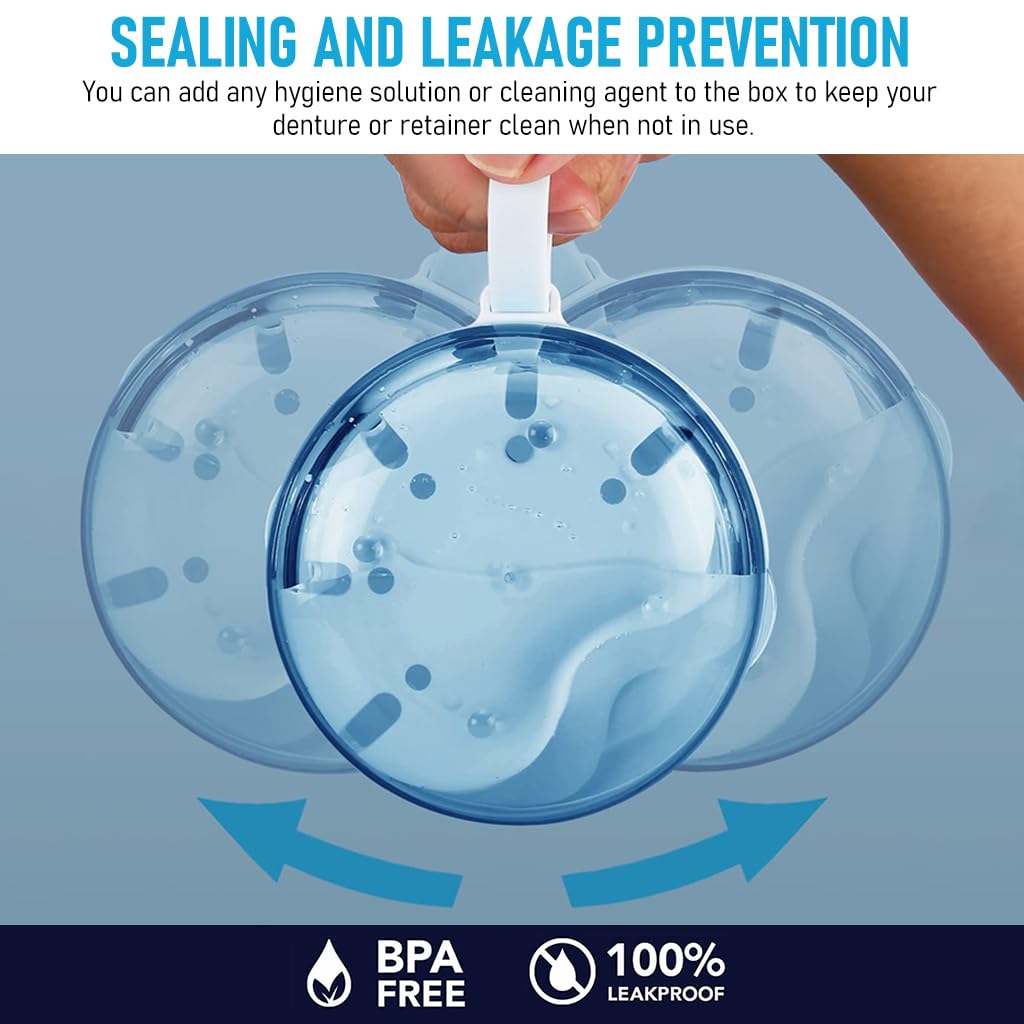 HANNEA Denture Bath Case for Retainers and Mouthguards with Leak Proof Double Layer Design | Royal Blue Travel Cleaning Box with Mirror and Brush