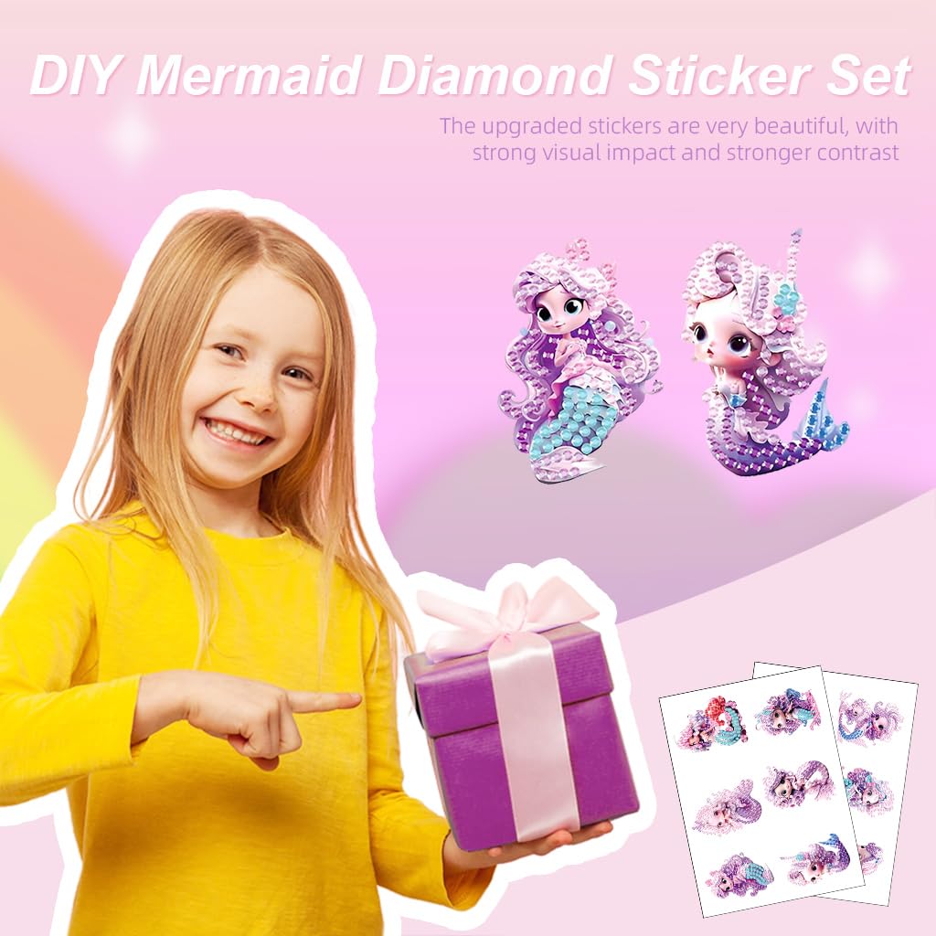PATPAT Kawaii Diamond Art Stickers for DIY Crafts with 12 Mermaid Designs | Self‑Adhesive Gem Kit