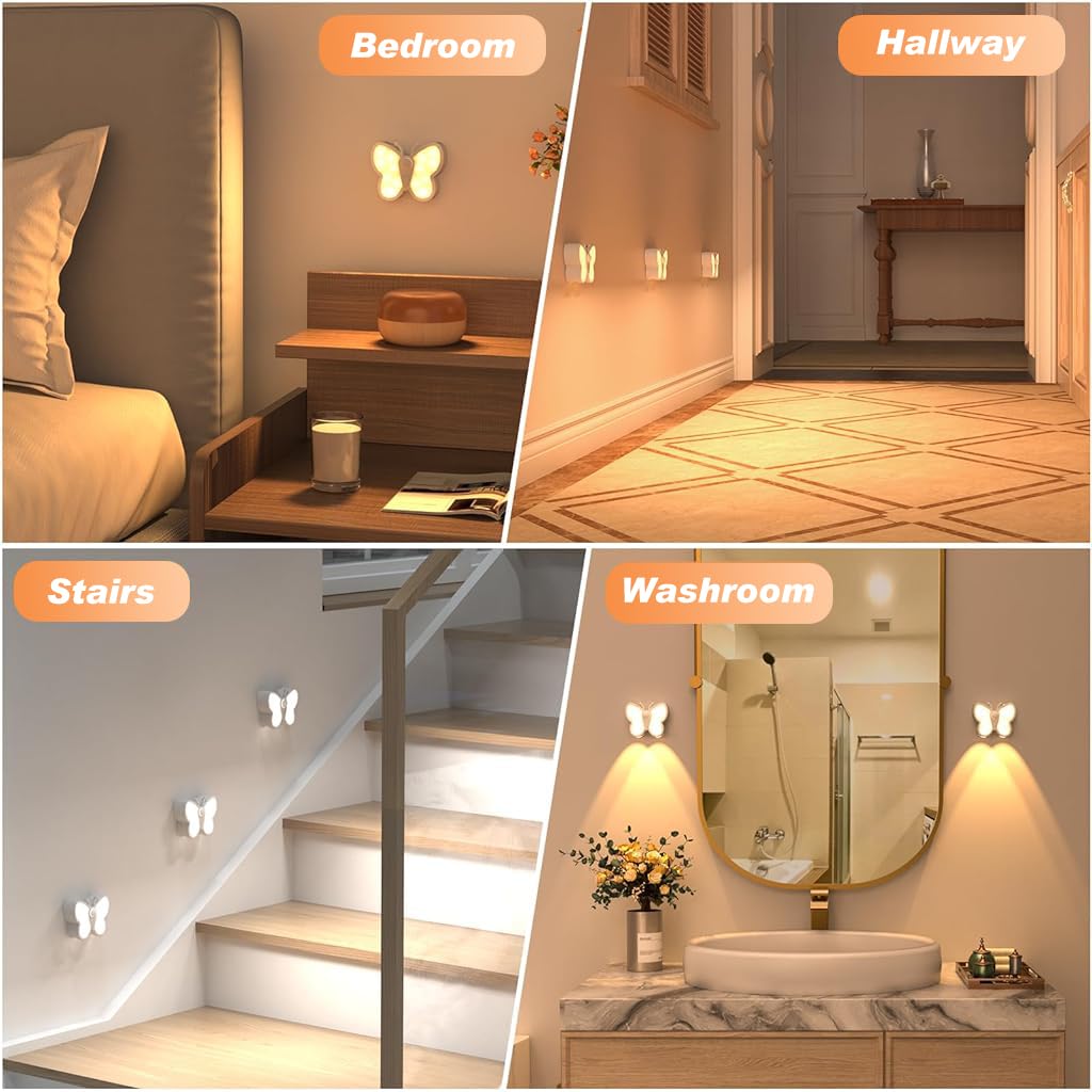 ELEPHANTBOAT Butterfly LED Night Light for Bedroom with Smart Motion Sensor & 1200mAh Battery | USB-C Rechargeable Dual Color Lighting