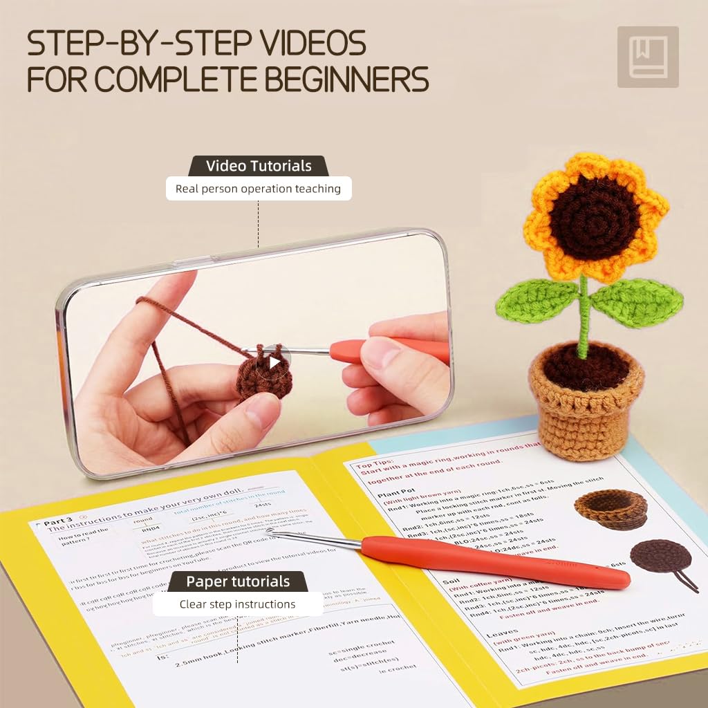 PATPAT DIY Crochet Art Material Kit for Home Decor featuring 6 Mini Flower Pots | Beginner Gift Set with Multi Colour Yarn