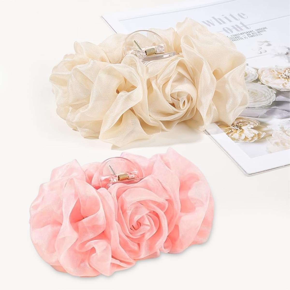 SANNIDHI Flower Hair Claw Clips for Women featuring Pleated Chiffon Floral Design | 2Pcs Resin Set