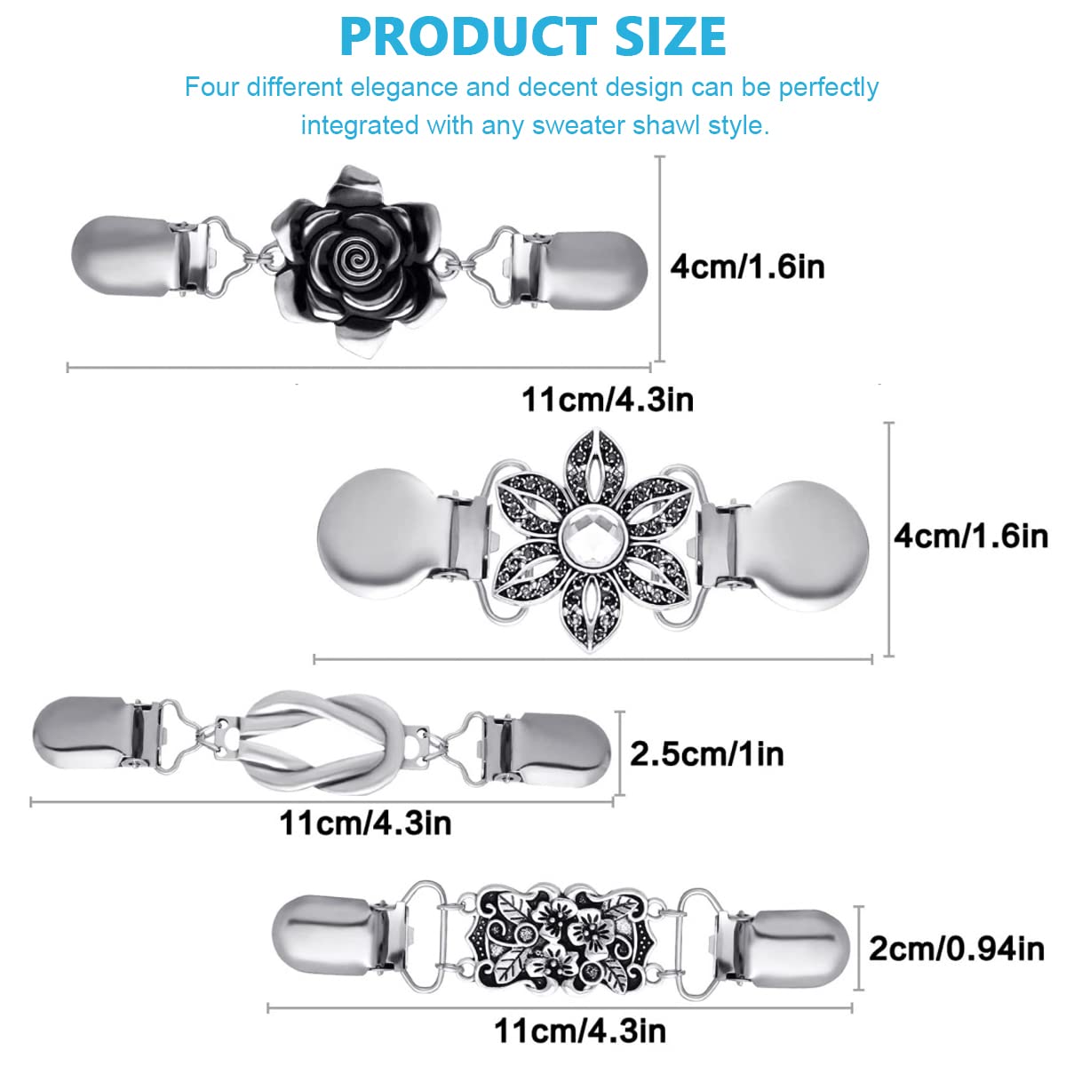 SANNIDHI Sweater Shawl Clips Set for Cardigans and Dresses featuring Proper Clamp Force 4.3 in Metal Flower Design | 4 Pack for Women