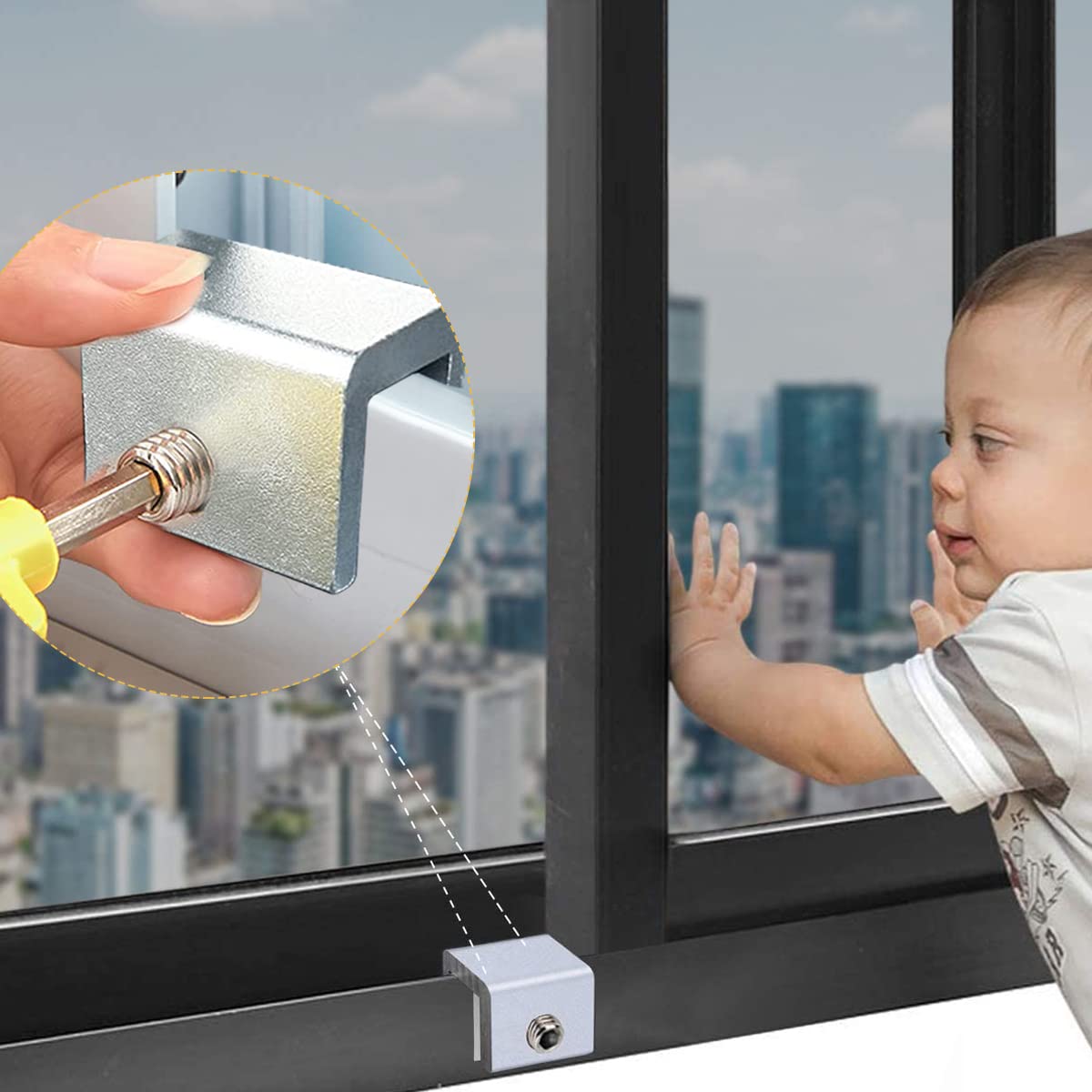 SNOWIE SOFT  8pcs Sliding Window Locks, Security Window Lock Aluminum with Key, Window Stoppers for Slide Door, Adjustable Security Locks, for Kids Room Hung Security Lock Stoppers