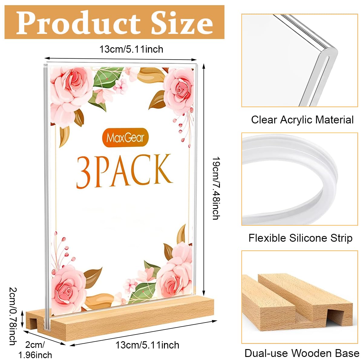 HASTHIP Acrylic Sign Holder for Table Menus with Double Sided Display | 3Pcs 5x7 in Wood Base