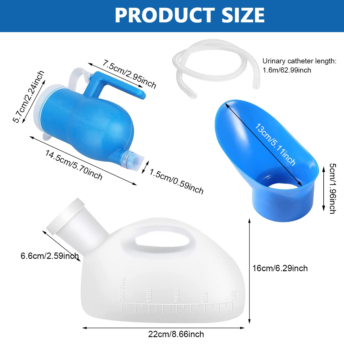 HANNEA Urine Collector for Men with 2000ml Capacity and 5.2ft Tube | Leakproof Reusable Travel Urinal