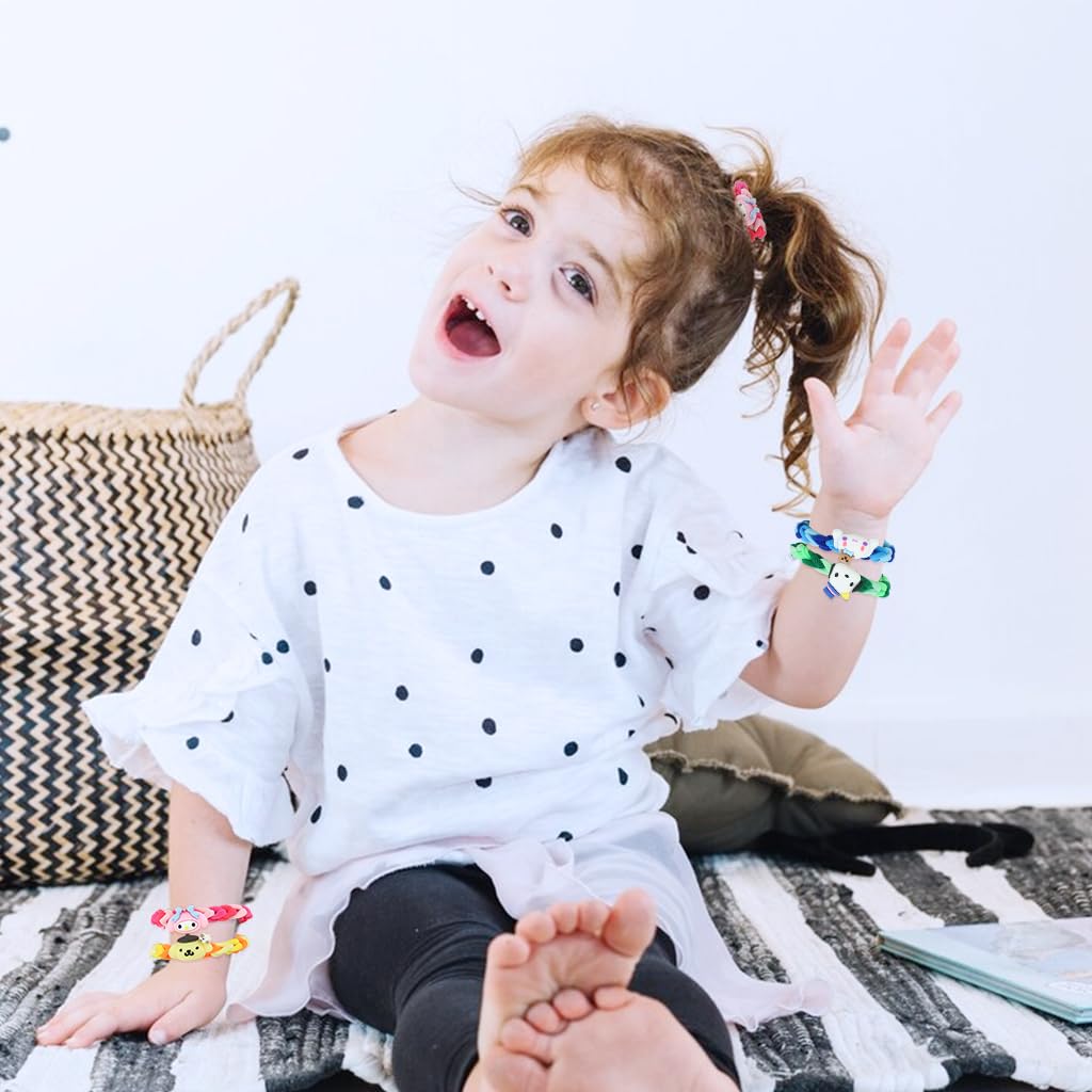 SANNIDHI Girls Hair Ties 15PCS with Two Color Woven Design featuring Kawaii Cartoon Characters | Cute Elastic Bracelets for Gifts