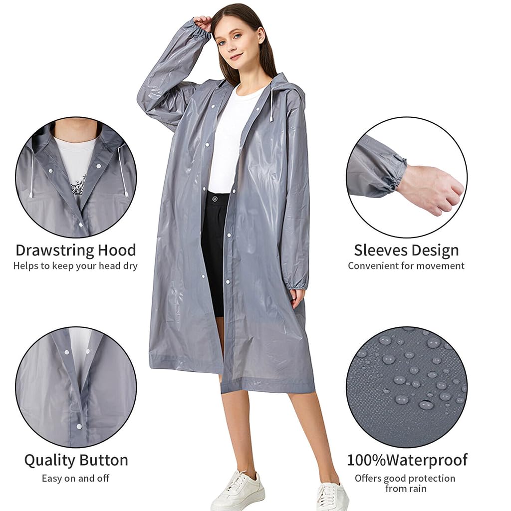 Optifit® 2 Pcs Reusable EVA Raincoats with Hood Unisex Rain Ponchos Hooded Raincoat for Camping, Hiking, Music Festival & Outdoor Activities (Grey)