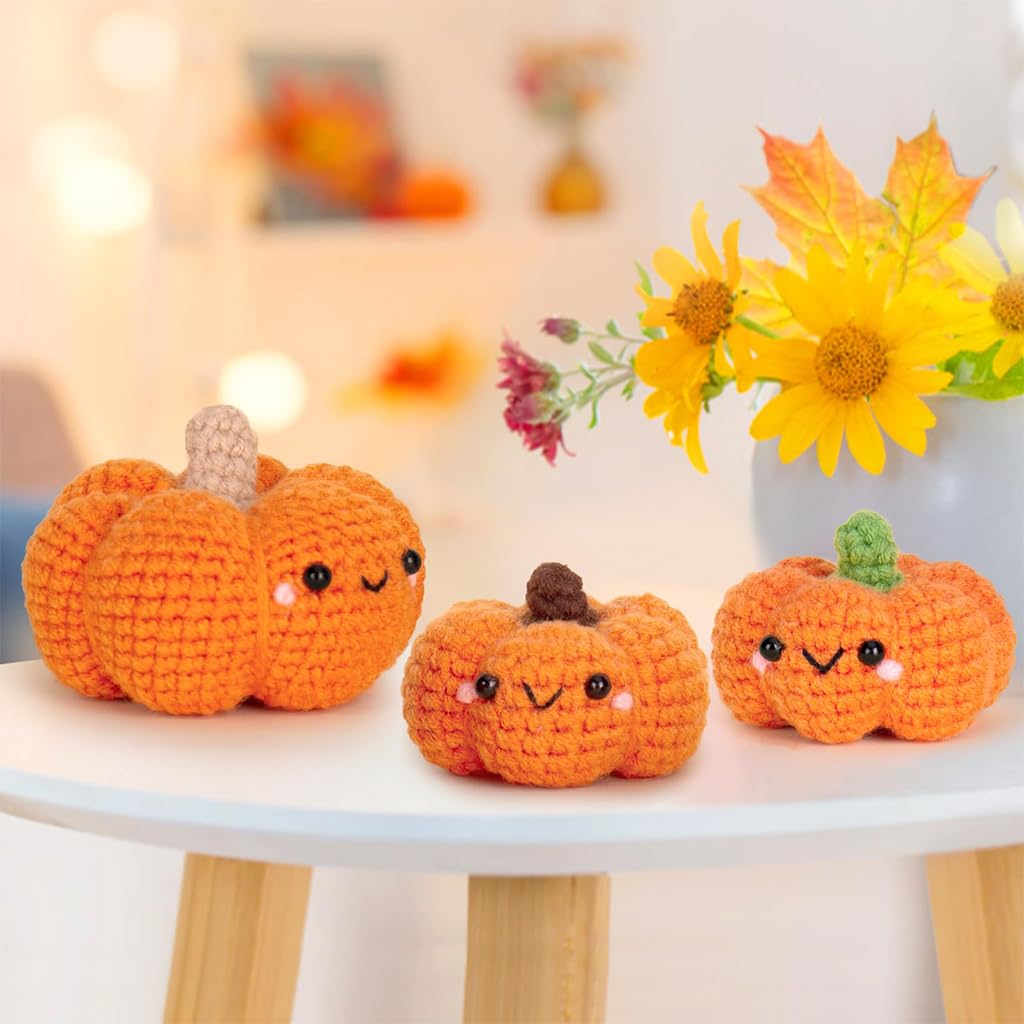PATPAT DIY Crochet Material Kit for 3 Pumpkin Ornaments with Step-by-Step Tutorial | Kids Craft Set