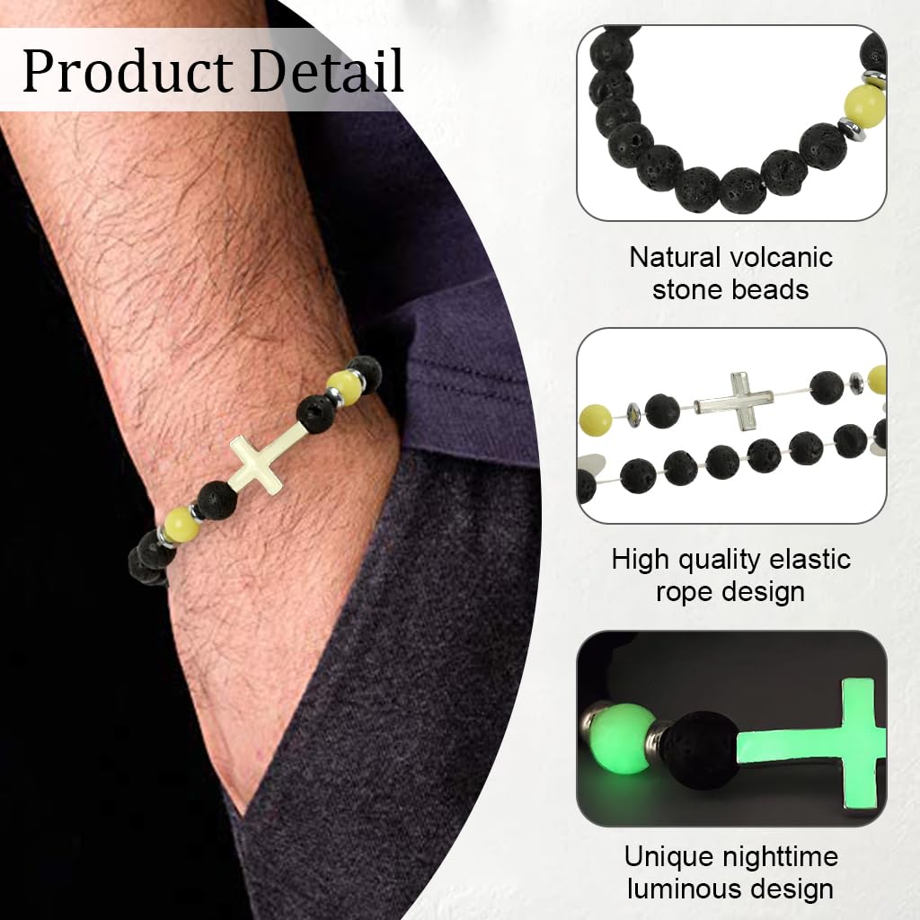 PROBEROS Bracelet for Man with Luminous Cross Beads and Natural Volcanic Stone | Unisex Stretch Design