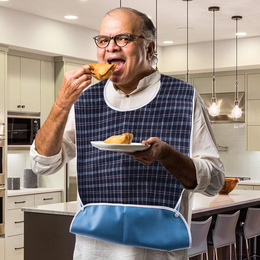 HASTHIP® 2Pcs Adult Bibs for Elderly, Waterproof Reusable Washable Mealtime Protector, Anti-Oil & Anti-Fouling Clothing Guard, Blue, Large 78x44cm, Comfortable Fit, Ideal for Patients & Disabled