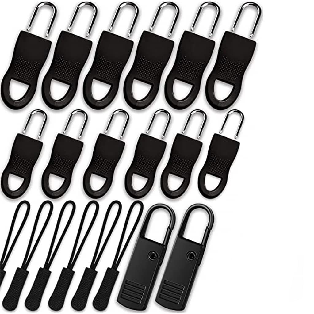 HASTHIP 20pcs Zipper Pulls Replacement Kit, Universal Detachable Zipper Puller, Black Zipper Pull Tab for Bags, Purses, Luggage, Backpacks, Pants, Jackets, Boots, Tents (3 Styles, 4 Sizes)