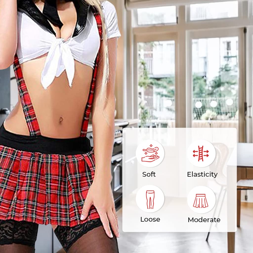 ZIBUYU Maid Skirt with Tie & Bra & Mesh stockings, Cosplay Costume Maid Plaid Bold Suspenders Skirt Costume for Party Women Lingerie Wear for Night Wear Maid Dress Set